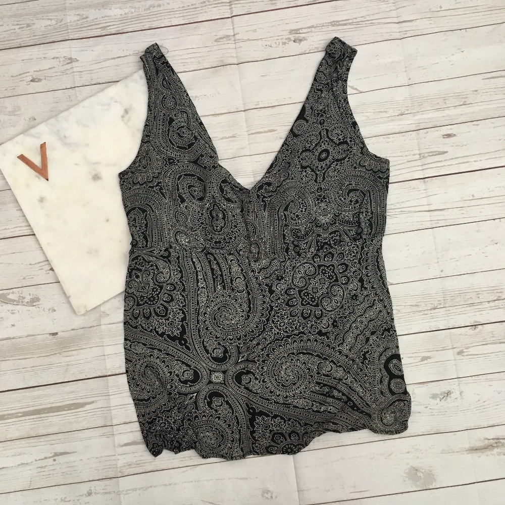 jcrew womens s paisley tank top black vneck femini - Picture 1 of 3